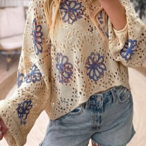 Beige Contrast Flower Print Eyelet Drop Shoulder Sweater