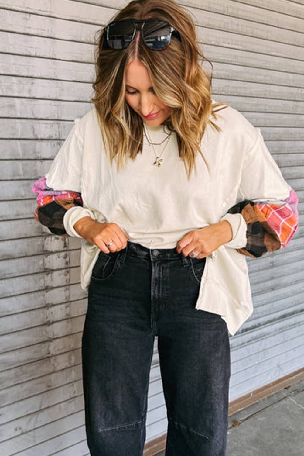Beige Contrast Plaid Long Sleeve Exposed Seam Patchwork Top