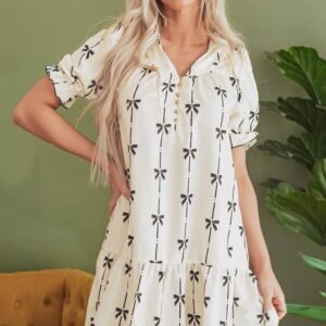Beige Cute Bowknot Printed Bubble Sleeve V Neck Mini Dress