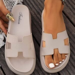Beige Cutout Design Open Toe Platform Slippers