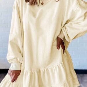 Beige Double Tiered Ruffle Hem Long Sleeve Loose Mini Dress