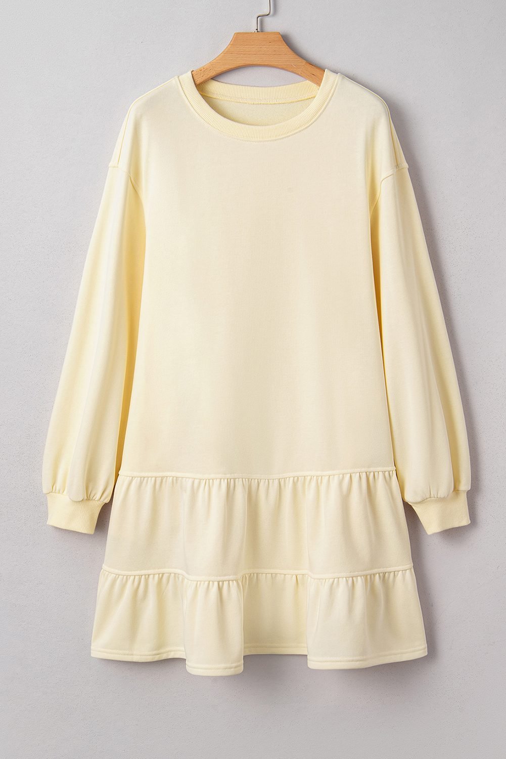 Beige Double Tiered Ruffle Hem Long Sleeve Loose Mini Dress