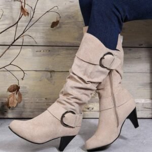 Beige Dual Buckle Strap Side Zip Heeled Mid Calf Boots