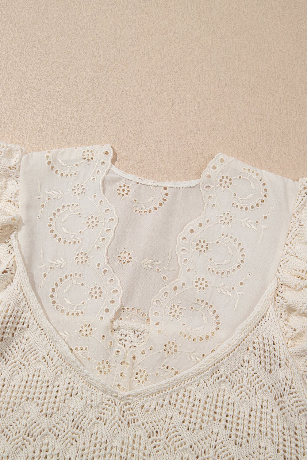 Beige Embroidered Patchwork Hollow Out Knitted Ruffle Sweater Vest