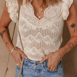 Beige Embroidered Patchwork Hollow Out Knitted Ruffle Sweater Vest