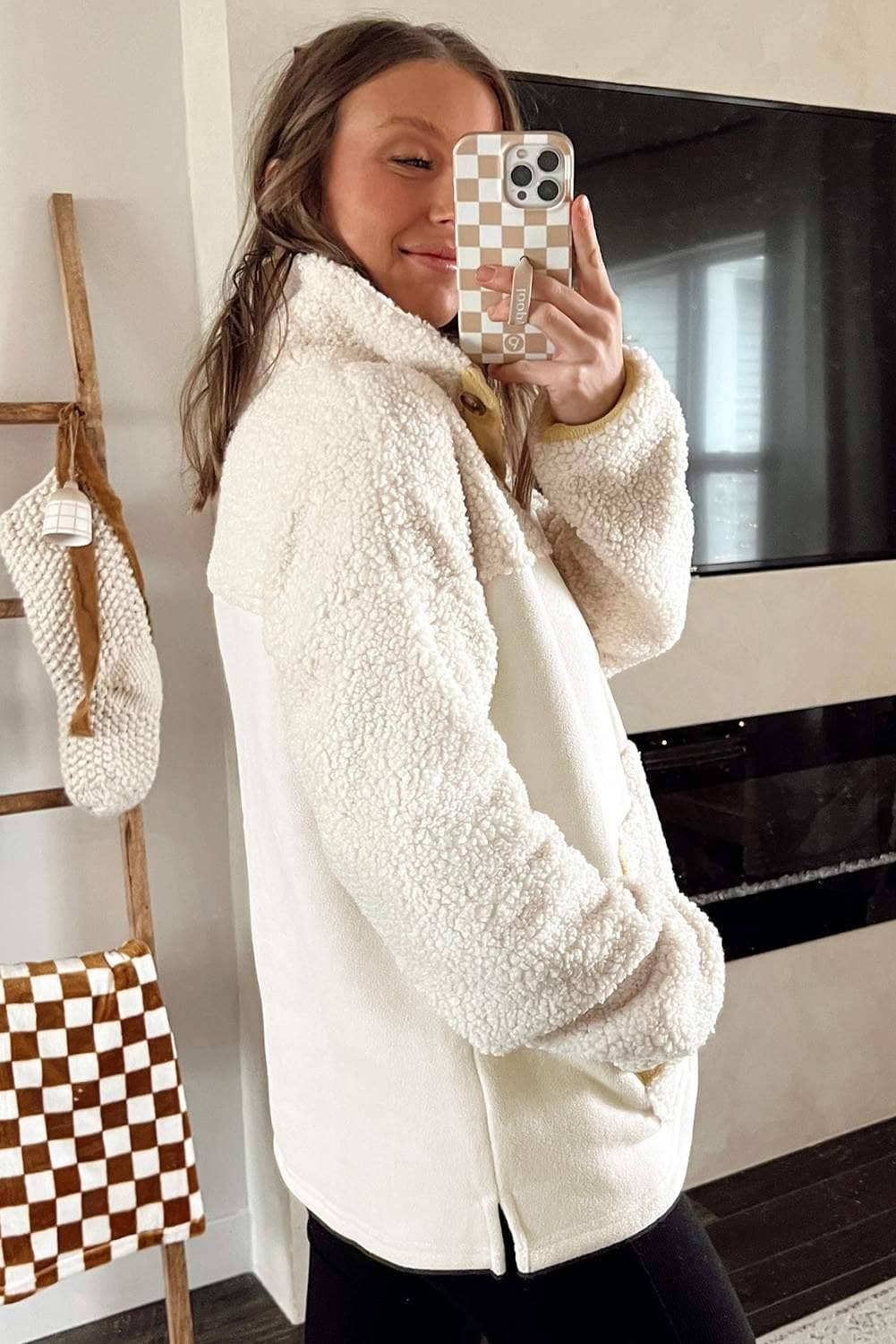 Beige Fleece Colorblock Trim Buttons Collar Sweatshirt With Pocket