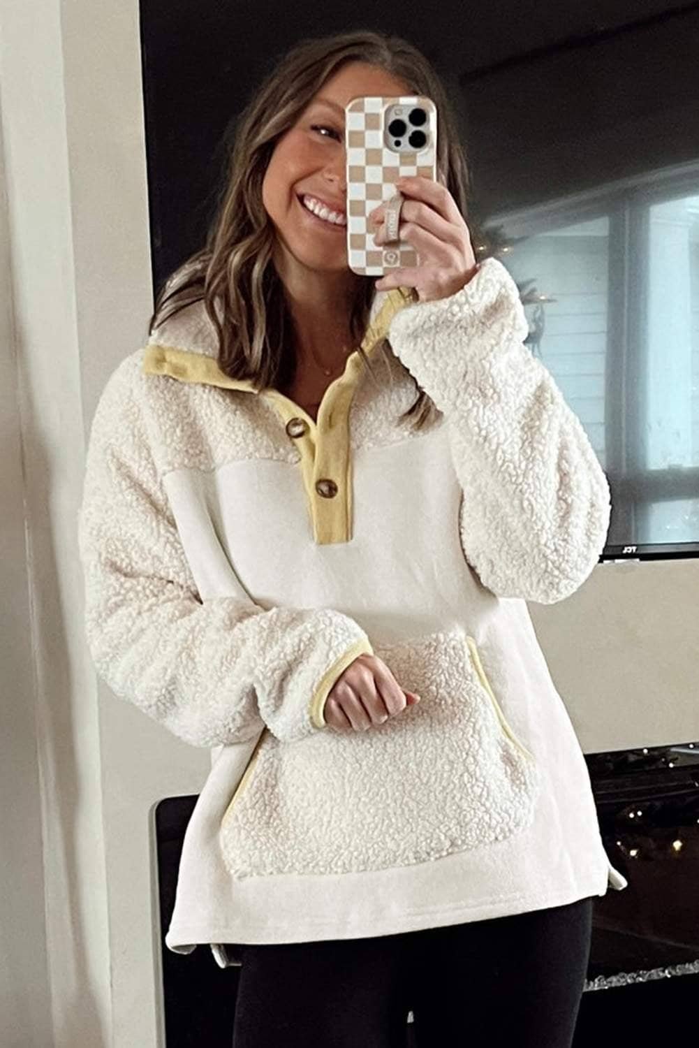 Beige Fleece Colorblock Trim Buttons Collar Sweatshirt With Pocket