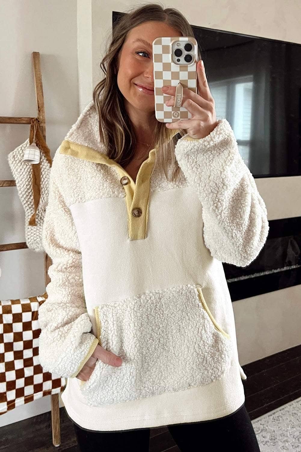 Beige Fleece Colorblock Trim Buttons Collar Sweatshirt With Pocket