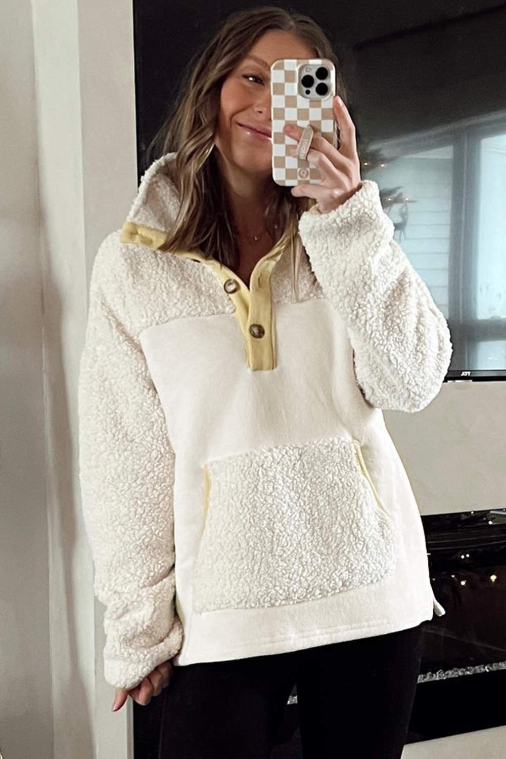 Beige Fleece Colorblock Trim Buttons Collar Sweatshirt With Pocket