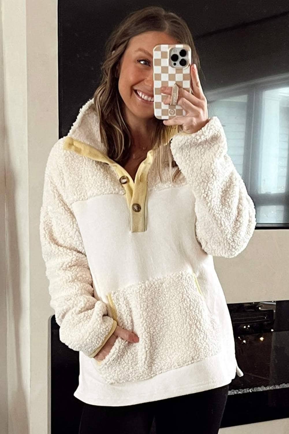 Beige Fleece Colorblock Trim Buttons Collar Sweatshirt With Pocket