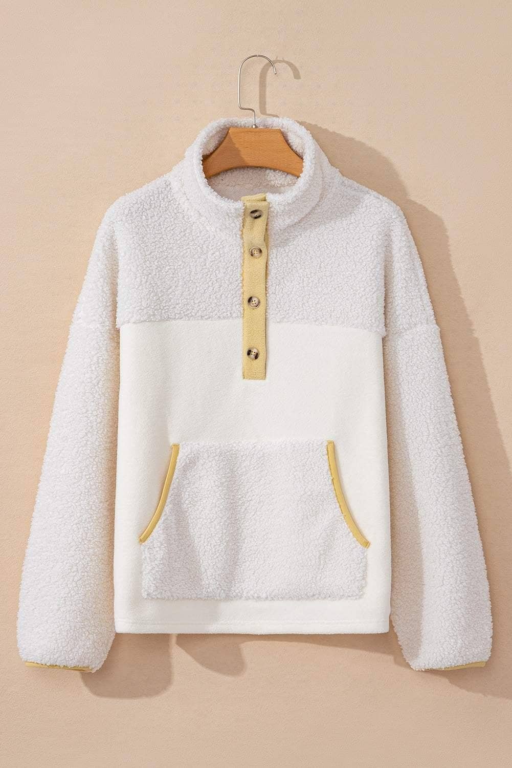 Beige Fleece Colorblock Trim Buttons Collar Sweatshirt With Pocket
