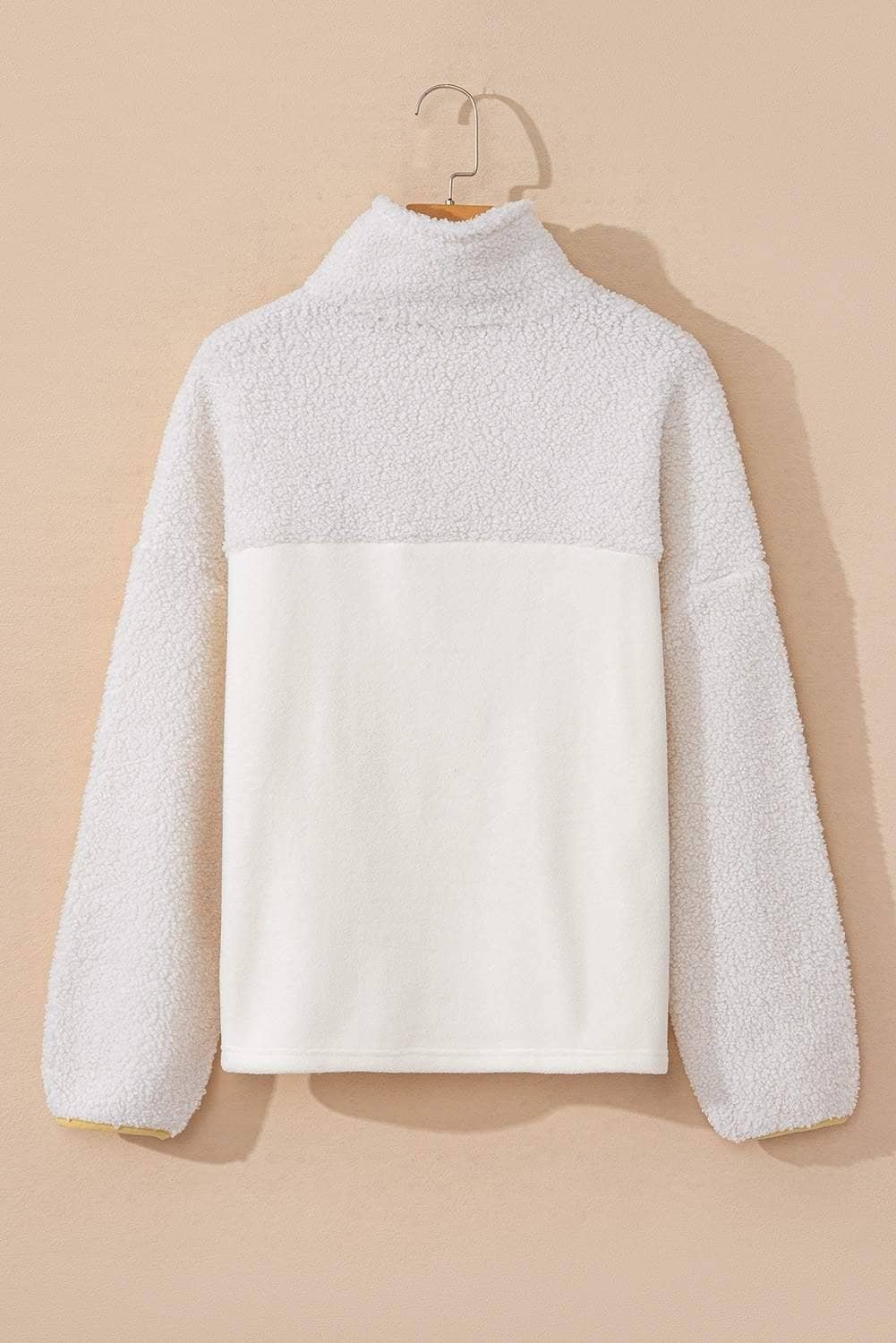 Beige Fleece Colorblock Trim Buttons Collar Sweatshirt With Pocket