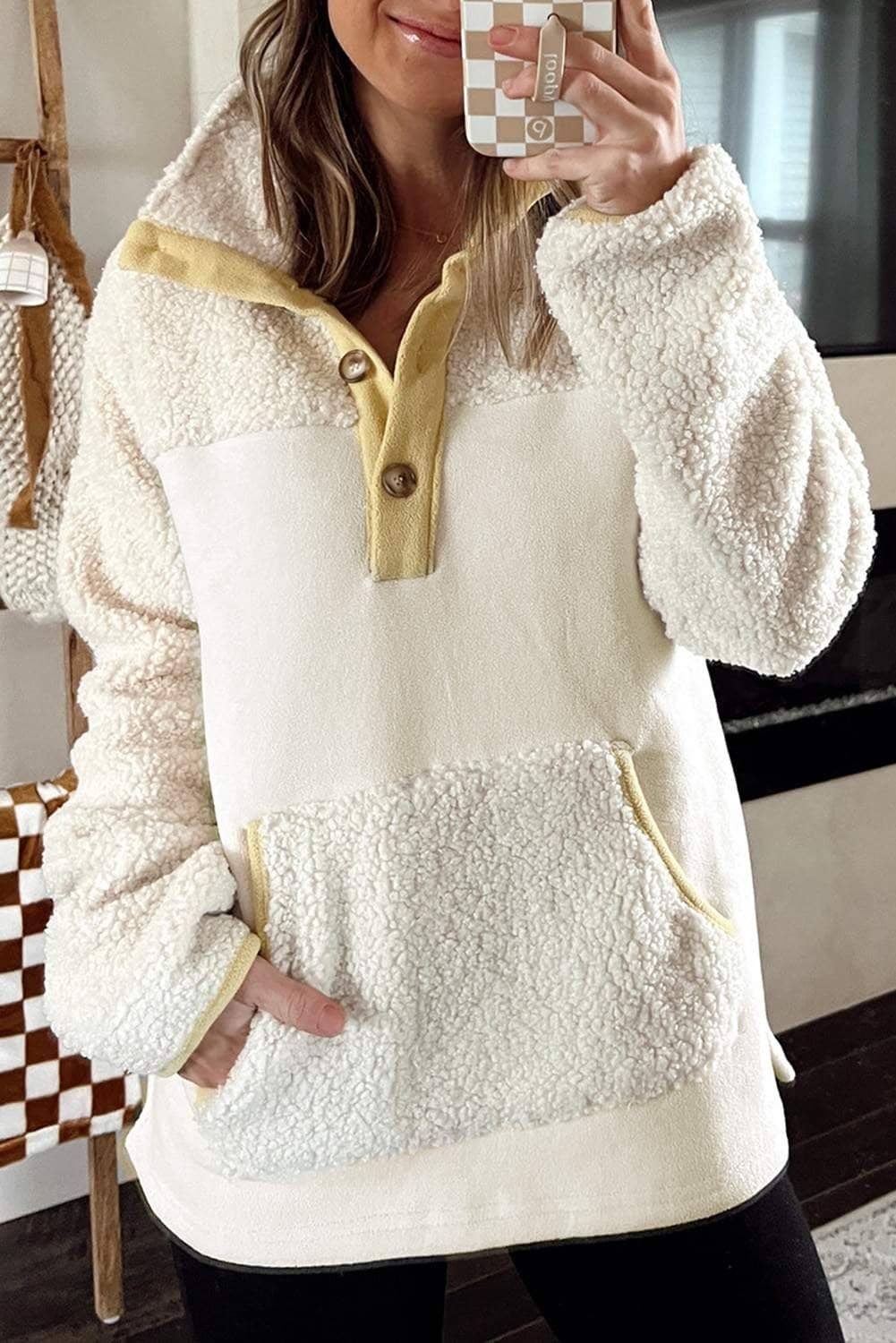 Beige Fleece Colorblock Trim Buttons Collar Sweatshirt With Pocket