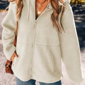 Beige Fleece Zip Up Drawstring Hooded Pocketed Jacket