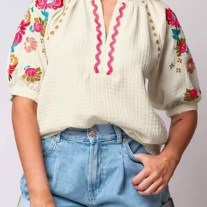 Beige Floral Embroidered Ricrac Puff Sleeve Textured Blouse