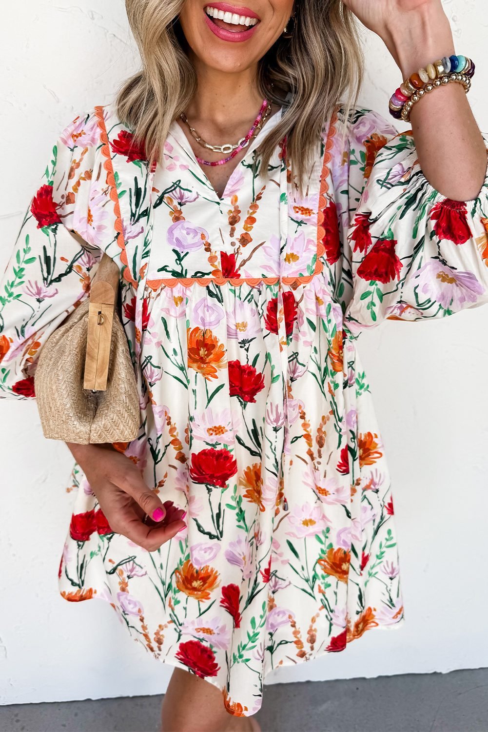 Beige Floral Print 3/4 Puff Sleeve Ricrac Trim Mini Dress