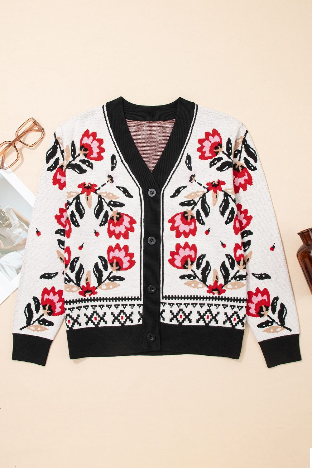 Beige Floral Print Buttoned Front V Neck Knit Cardigan