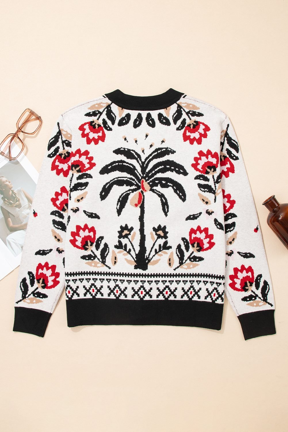 Beige Floral Print Buttoned Front V Neck Knit Cardigan