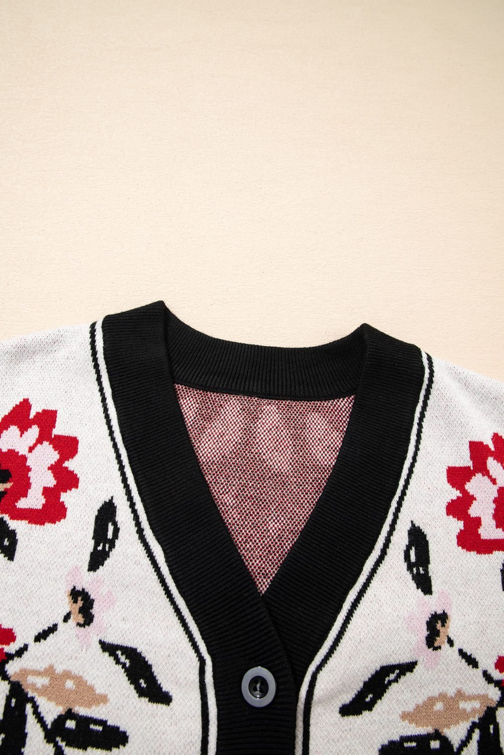 Beige Floral Print Buttoned Front V Neck Knit Cardigan