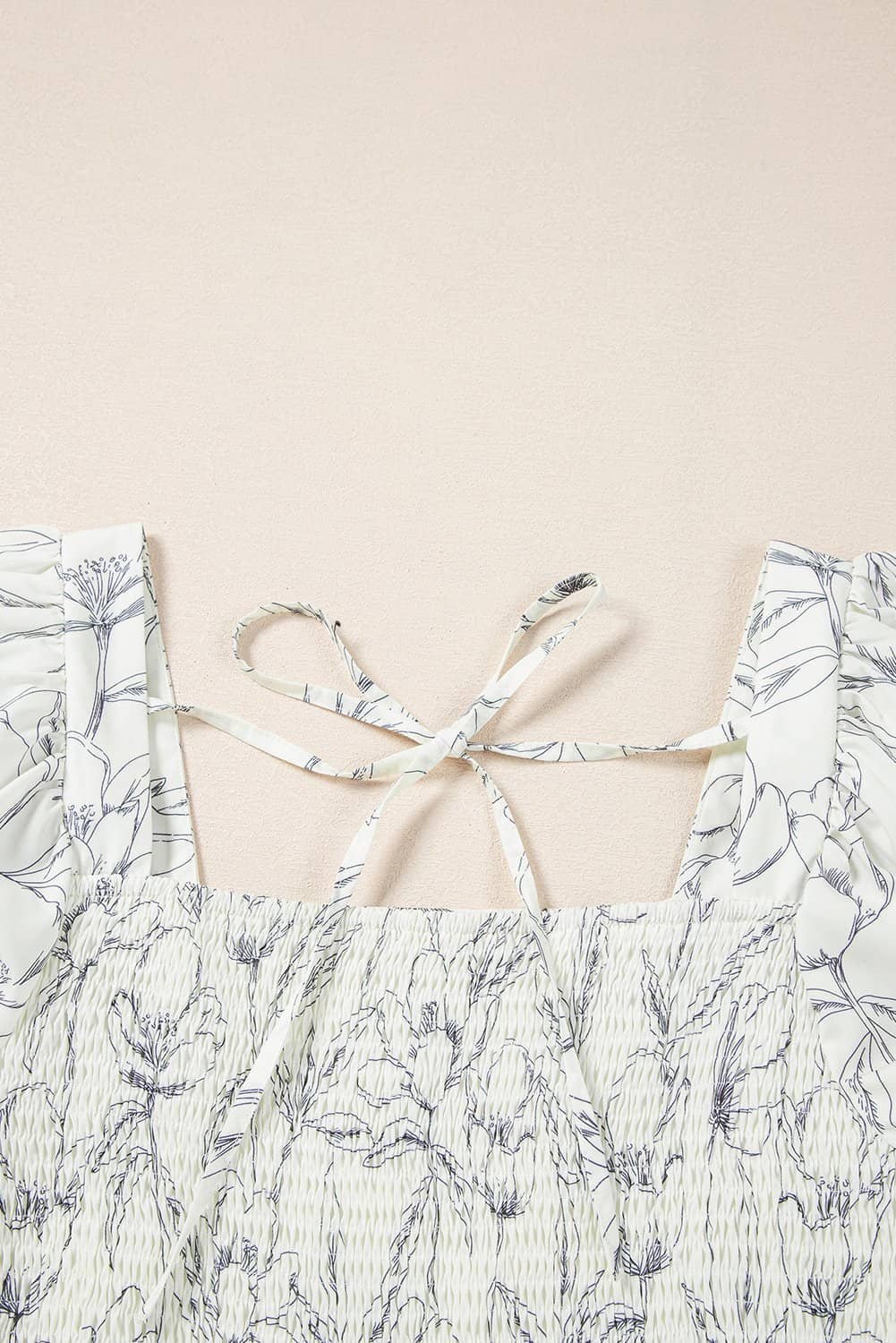 Beige Floral Print Square Neck Shirred Back Puff Sleeve Mini Dress