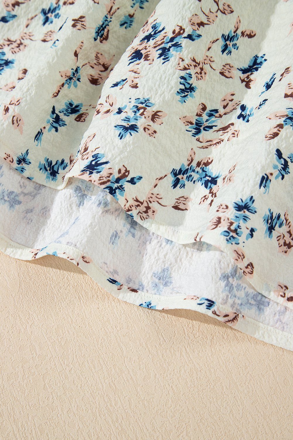 Beige Floral Puff Short Sleeve Empire Waist Mini Dress