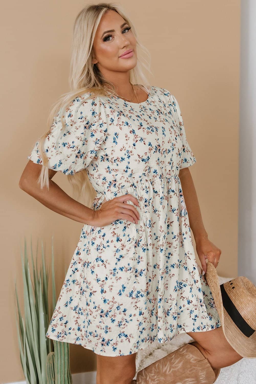 Beige Floral Puff Short Sleeve Empire Waist Mini Dress
