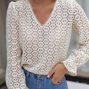 Beige Flower Lace V Neck Ruffled Sleeve Top