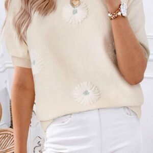 Beige Flower Pattern Short Sleeve Knitted Top