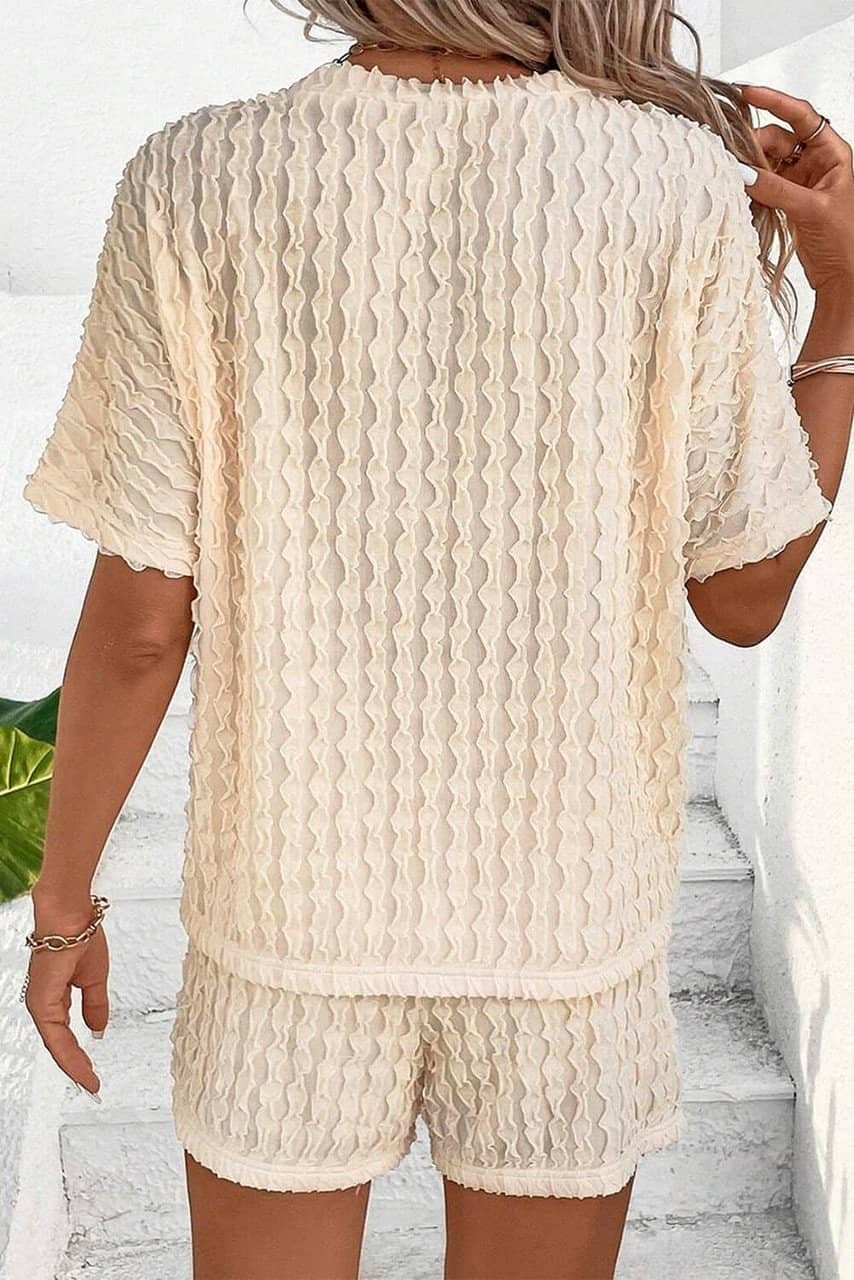 Beige Frill Textured Short Sleeve Top And Drawstring Shorts Set