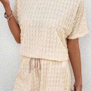 Beige Frill Textured Short Sleeve Top And Drawstring Shorts Set