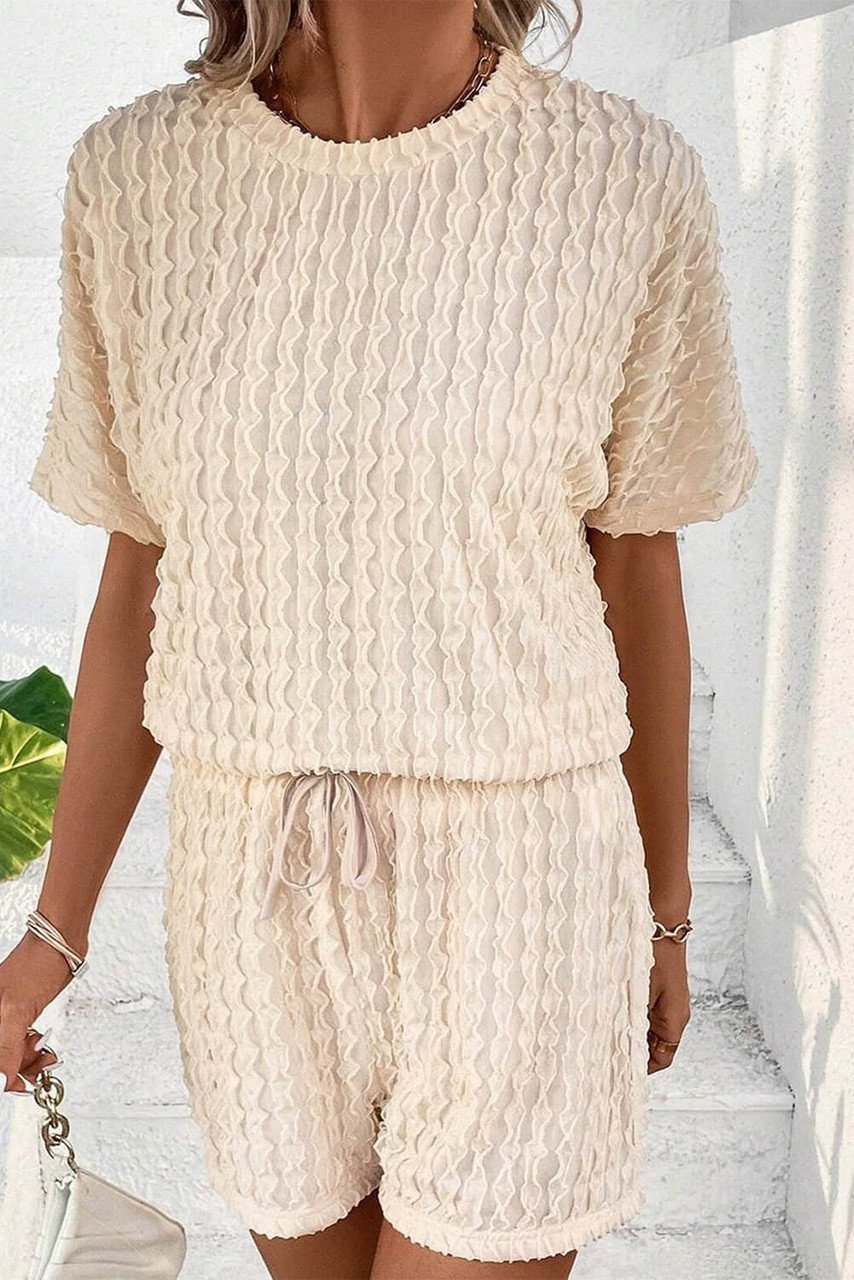 Beige Frill Textured Short Sleeve Top And Drawstring Shorts Set