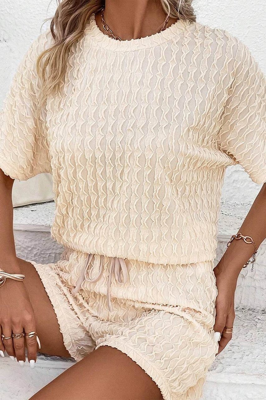 Beige Frill Textured Short Sleeve Top And Drawstring Shorts Set