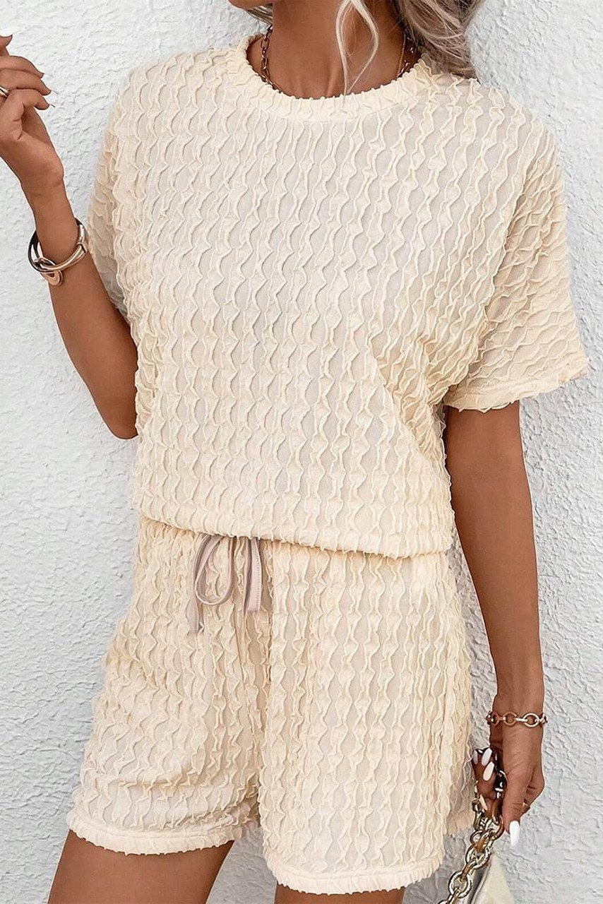 Beige Frill Textured Short Sleeve Top And Drawstring Shorts Set