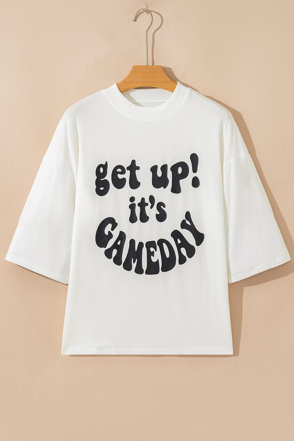 Beige Game Day Slogan Printed Half Sleeve Oversize T Shirt
