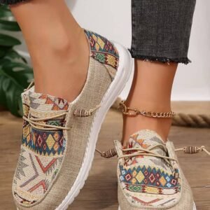 Beige Geometric Lace-Up Decor Slip On Shoes