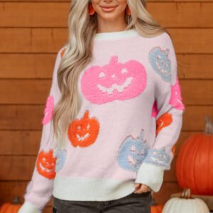 Beige Halloween Cute Pumpkin Pattern Sweater