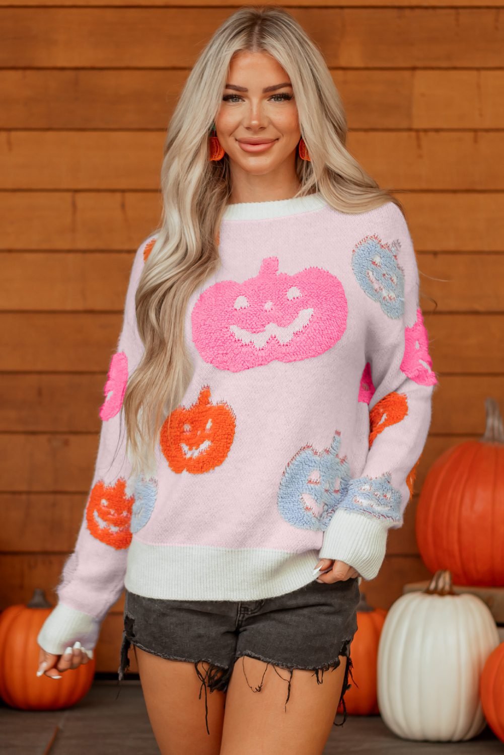 Beige Halloween Cute Pumpkin Pattern Sweater