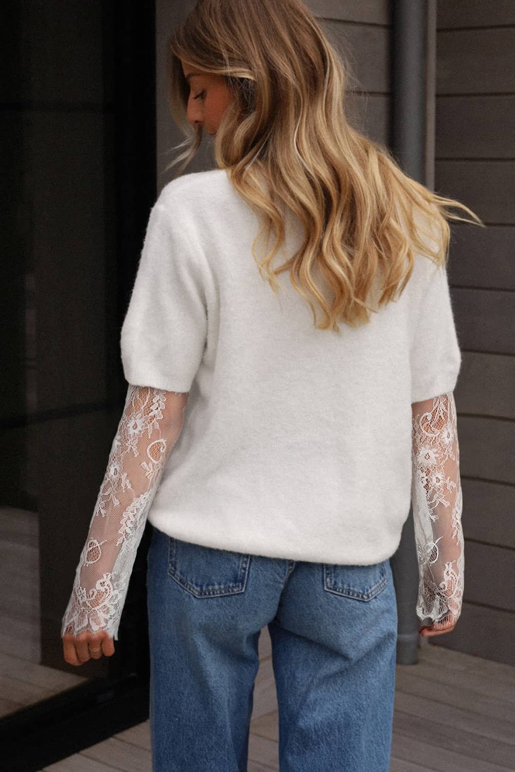 Beige Lace Sleeve Patchwork Faux Two-Piece Fuzzy Sweater