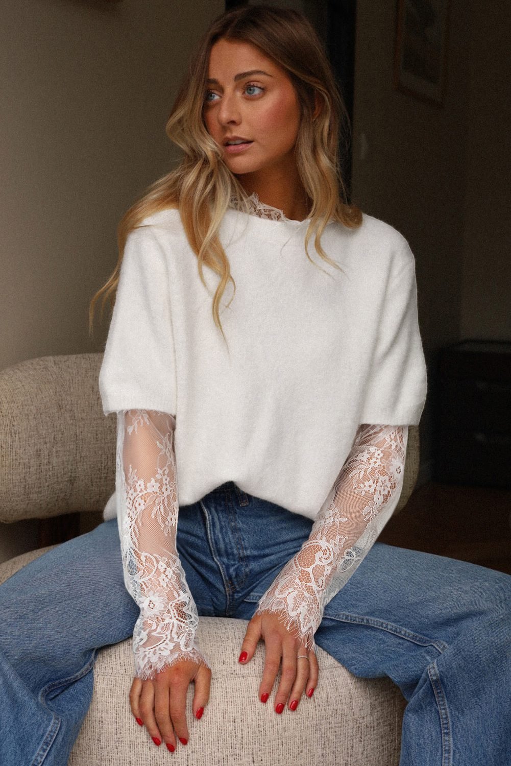 Beige Lace Sleeve Patchwork Faux Two-Piece Fuzzy Sweater