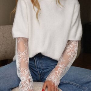 Beige Lace Sleeve Patchwork Faux Two-Piece Fuzzy Sweater