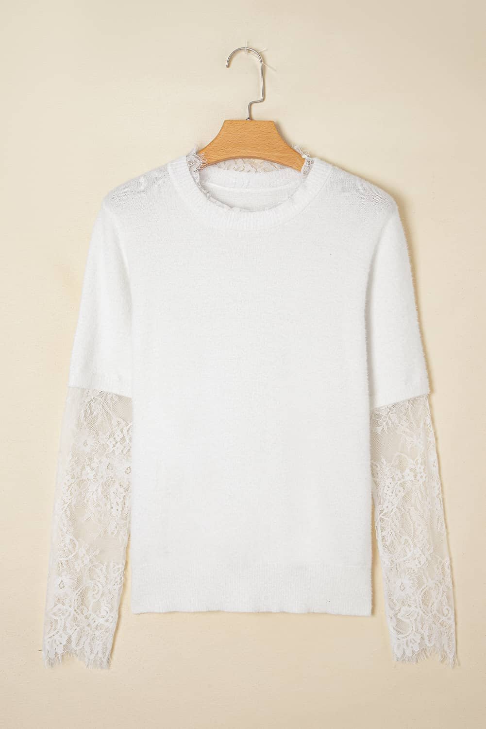 Beige Lace Sleeve Patchwork Faux Two-Piece Fuzzy Sweater