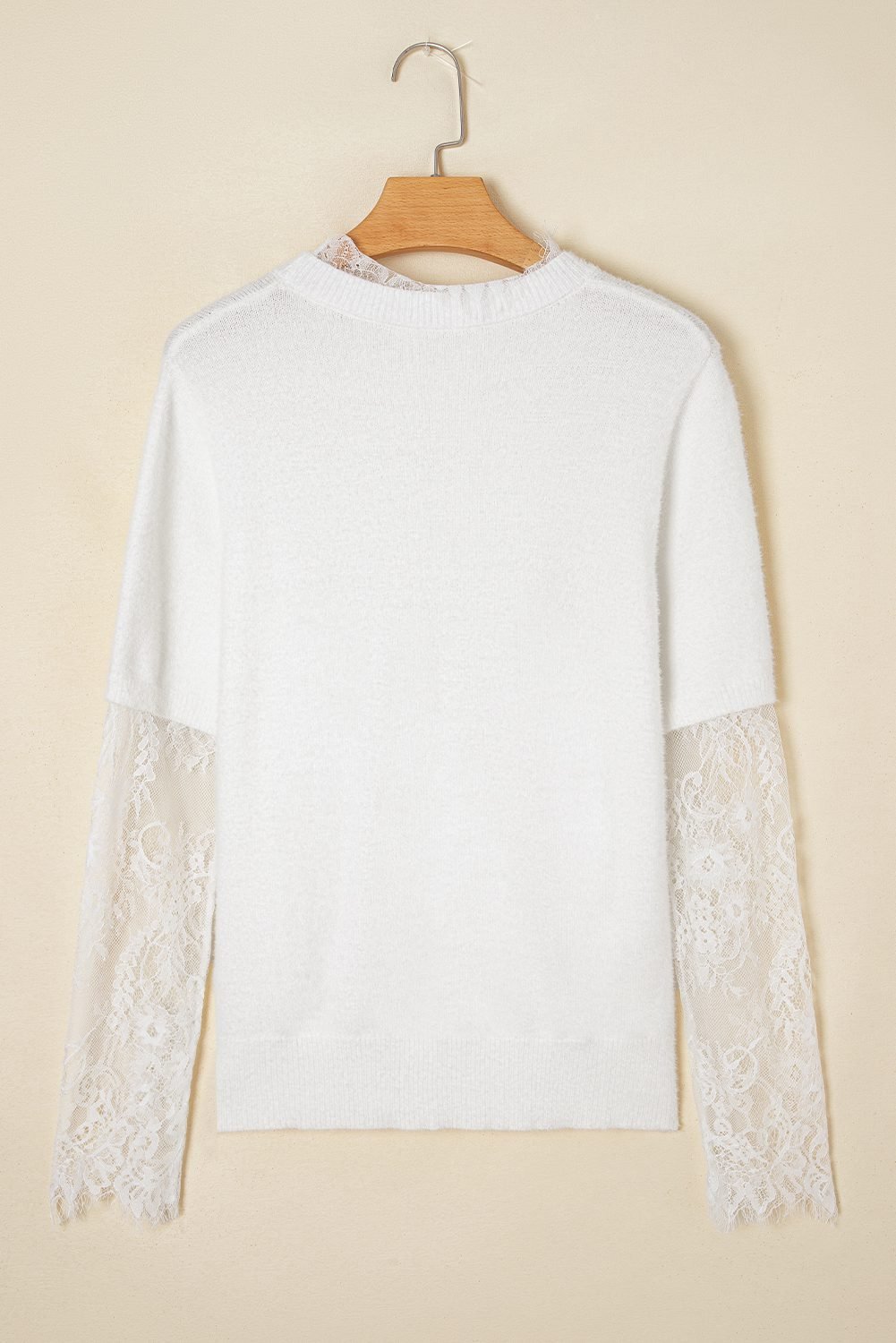 Beige Lace Sleeve Patchwork Faux Two-Piece Fuzzy Sweater