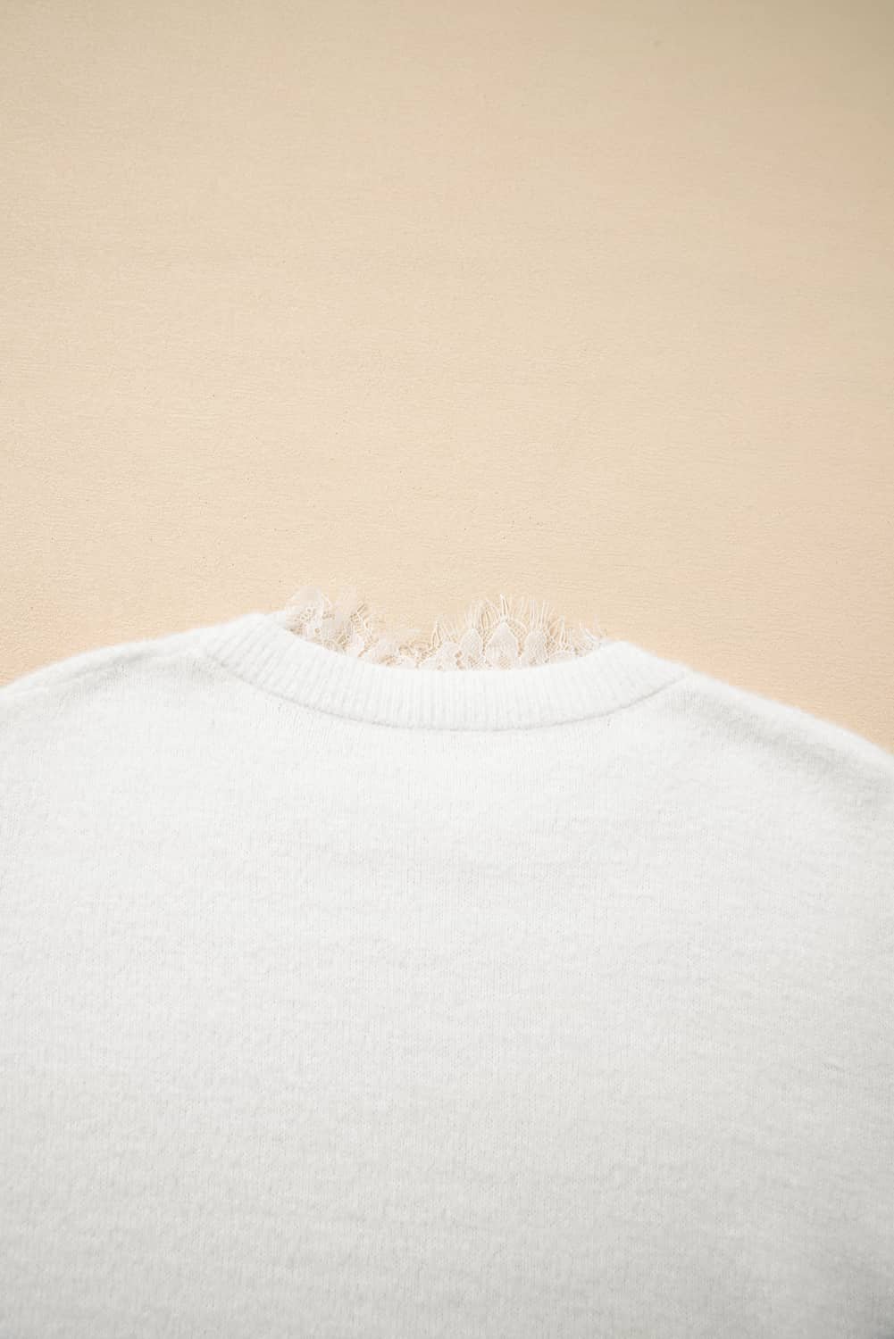 Beige Lace Sleeve Patchwork Faux Two-Piece Fuzzy Sweater