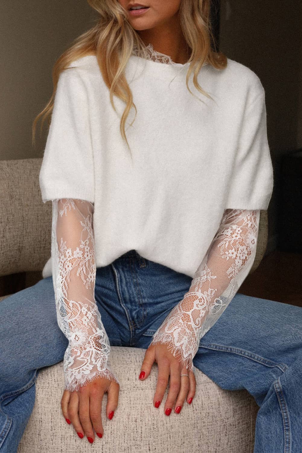 Beige Lace Sleeve Patchwork Faux Two-Piece Fuzzy Sweater
