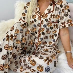 Beige Leopard Pumpkin Allover Halloween 2Pcs Pajama Set