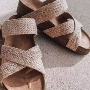 Beige Linen Woven Cross Criss Hollowed Slip-On Slippers