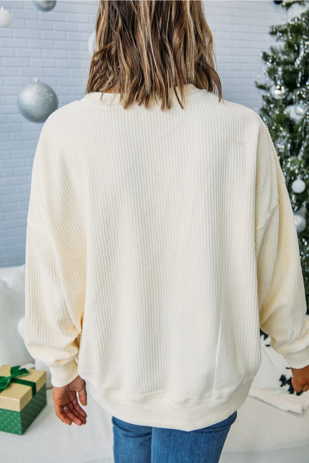 Beige Merry Little Thing Corded Letter Graphic Ribbed Loose Sweatshirt