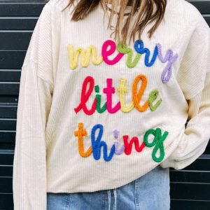 Beige Merry Little Thing Corded Letter Graphic Ribbed Loose Sweatshirt