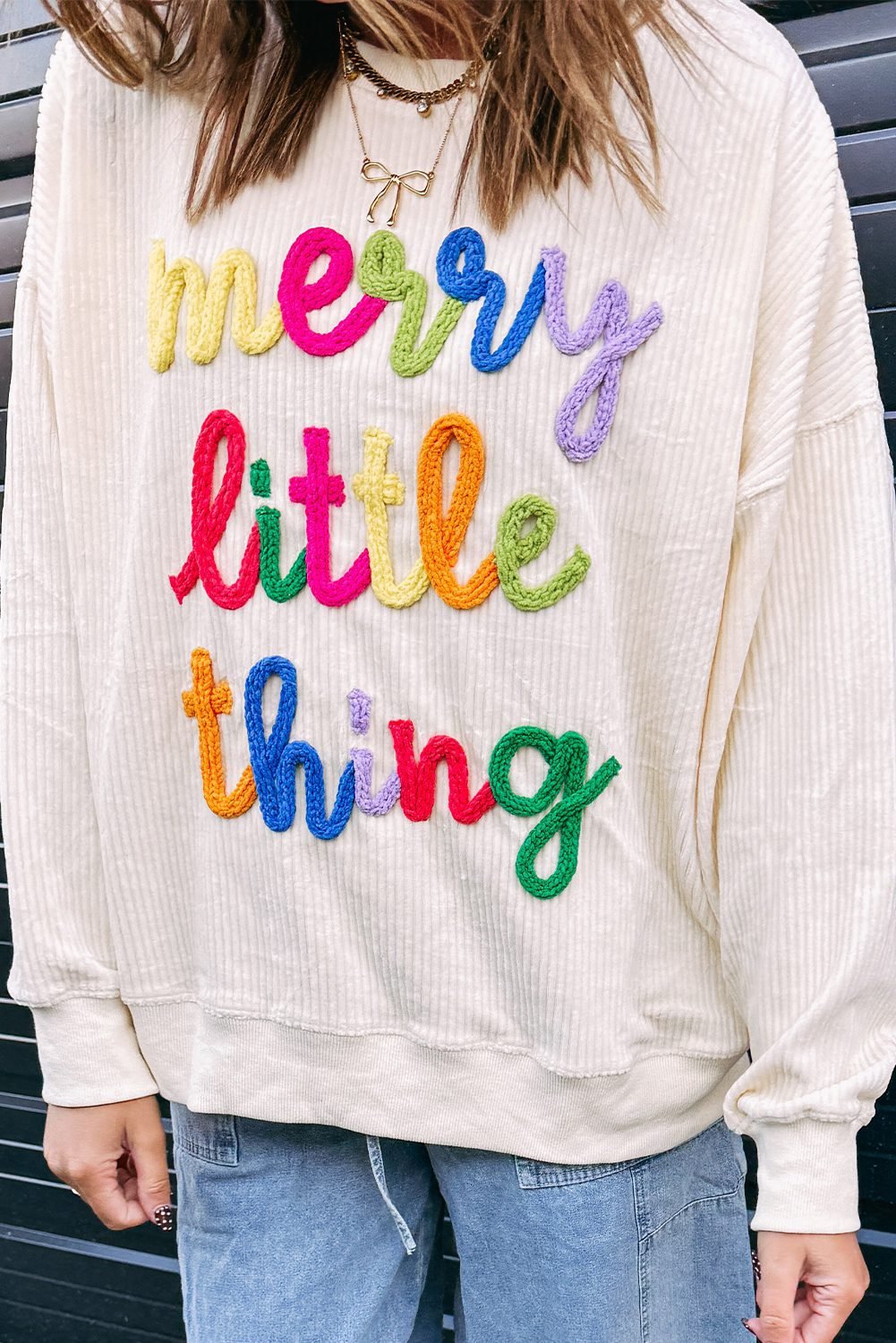 Beige Merry Little Thing Corded Letter Graphic Ribbed Loose Sweatshirt