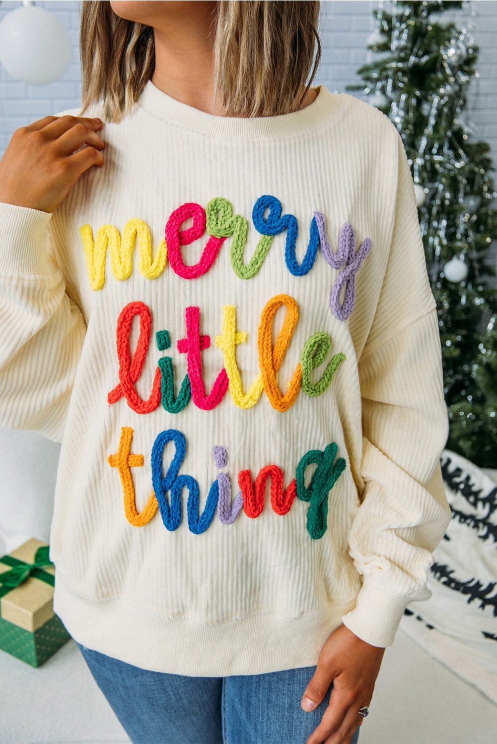 Beige Merry Little Thing Corded Letter Graphic Ribbed Loose Sweatshirt